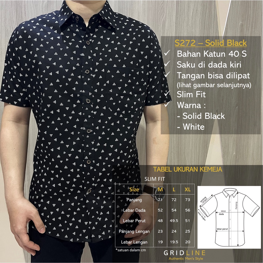 [GRIDLINE - S272 Solid Black &amp; White] Kemeja Pria Lengan Pendek Slimfit Katun Keren Simple Premium Modern