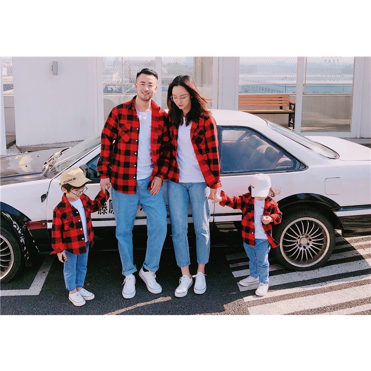 The Familly Couple Flannel Kotak Lengan Panjang Kemeja Kotak Kotak Keluarga Baju Couple Ayah IbuAnak