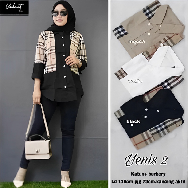 Ramdan Collection | Atasan Kemeja Casandra Kombinasi Katun Burberry Oversize Ukuran M L XL XXL 3XL 4XL Atasan Blouse Wanita Lengan Panjang Jumbo Bigsize Kekinian OOTD Model Korean Style