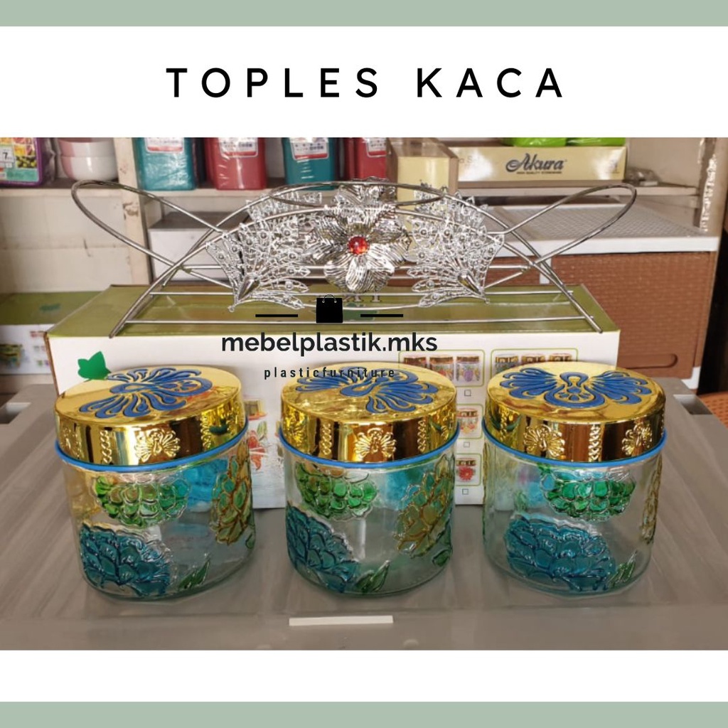 Toples Kaca/ Toples Kue Set 3/ Toples Motif Bunga Timbul