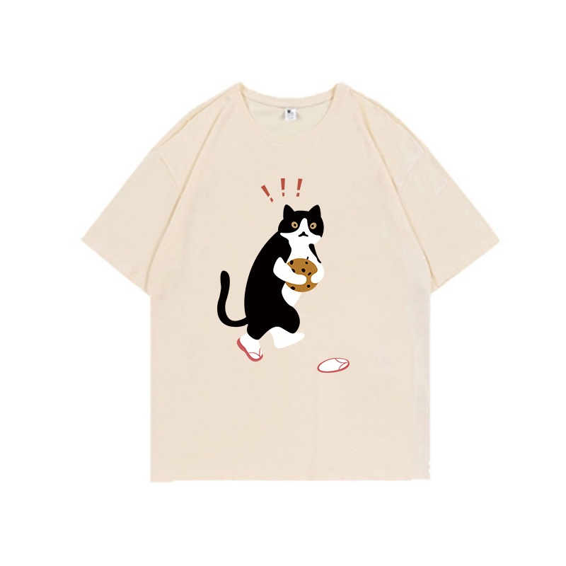 Korean Style Cute Cat Kaos Putih Atasan Wanita Lengan Pendek Oversize Printed T-shirt Baju Wanita Kekinian