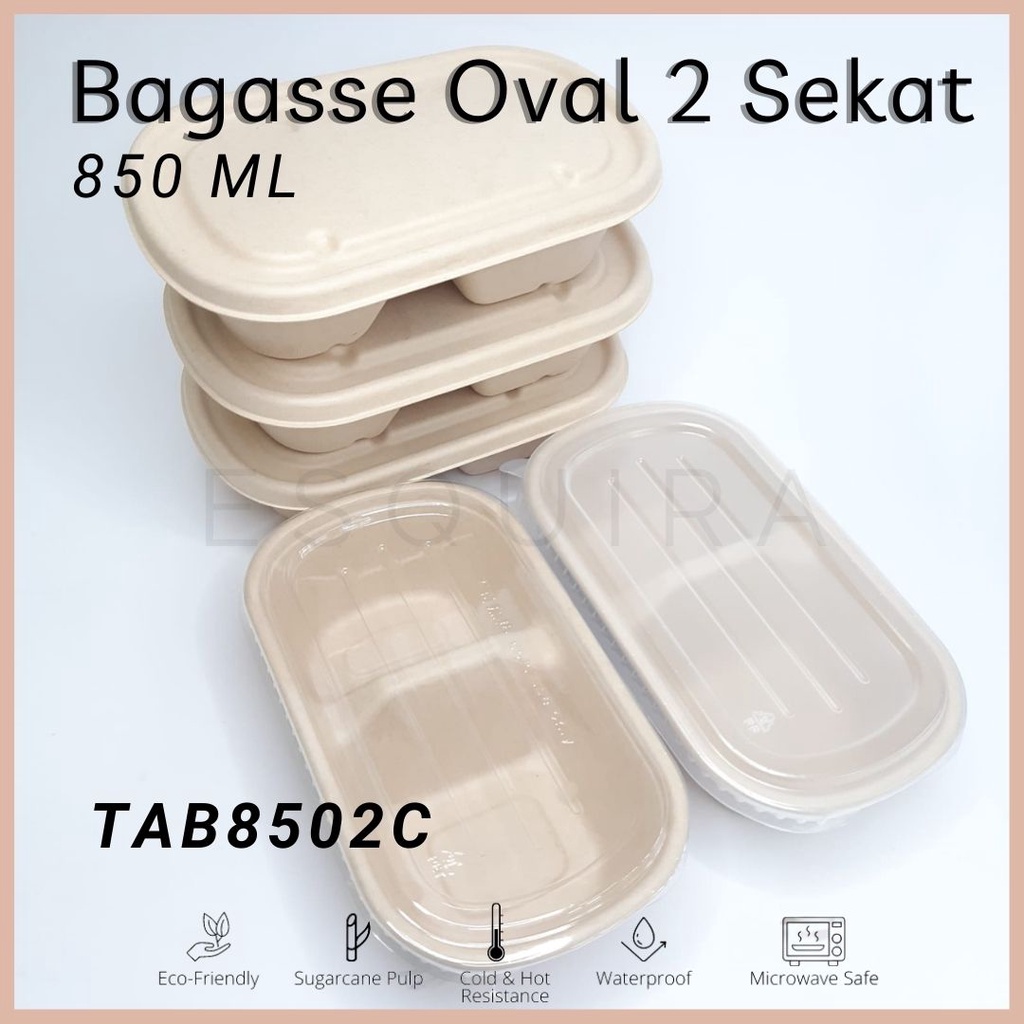 2 Compartement Oval Sugarcane Bagasse 850 ML / Lunch Box 10 Pcs + Lid / TAB8502C