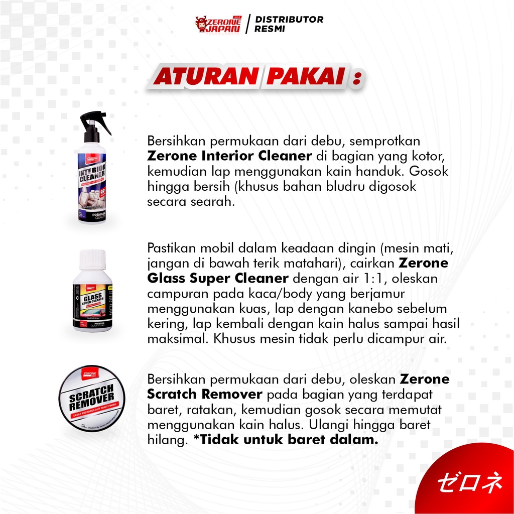 Paket Zerone Japan Pembersih Interior Dalam Mobil Glass Super Cleaner Penghilang Baret Body Mobil