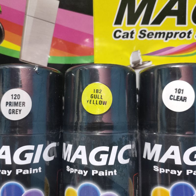 Pilok Pilox Cat Semprot Magic Paket Lengkap 3 Kaleng 300cc Paketan Kuning Lemon Gull Yellow 182 Primer Grey Epoxy 120 Clear Pernis Glossy Mengkilap 101 Spray Paint