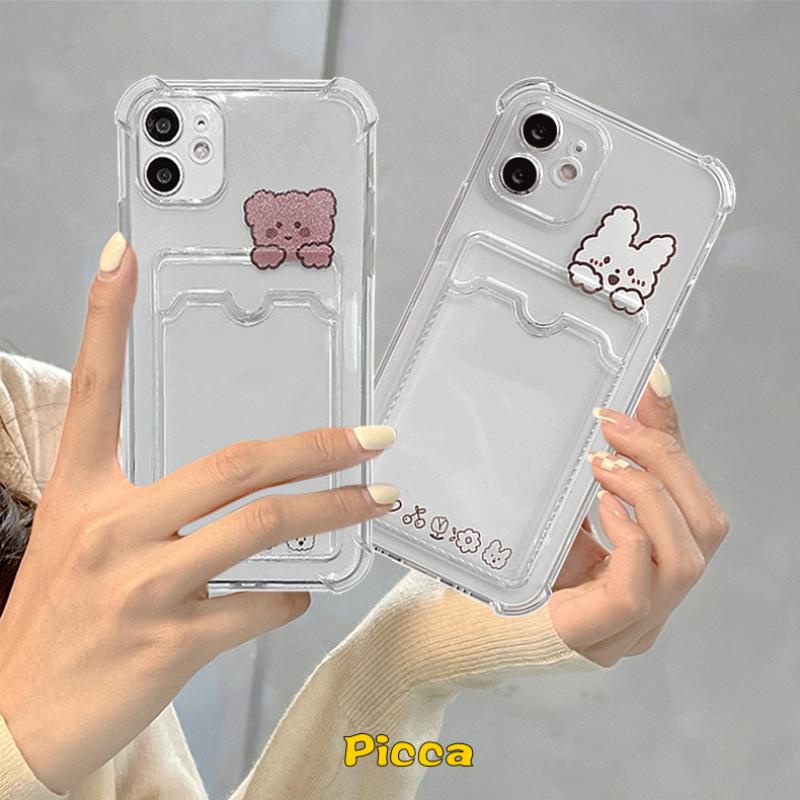 Casing Oppo A7 A55 A76 A55 A3S A12 A96 A54 A15 A95 A5 A9 2020 A74 A16 A15S A35 A11K A5S A12E A11 A36 Reno 8 7 6 Bening Rabbit Bear Dompet Card Holder Case Soft Tpu Cover