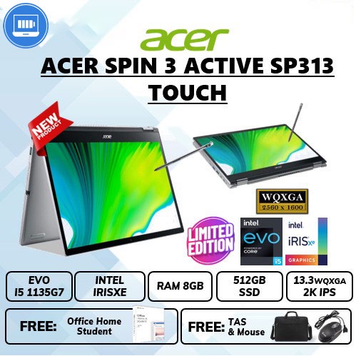 Laptop ACER Spin 3 Active 2in1 touch evo i5 1135g7 Ram 8gb Ssd 512Gb