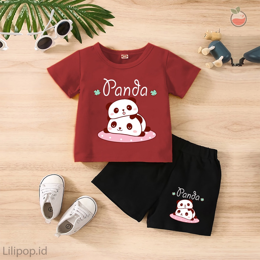 Baju Anak Stelan Kaos 3/4  PANDA Cowok Cewek  Usia 1 - 4 Tahun Celana Pendek Harian