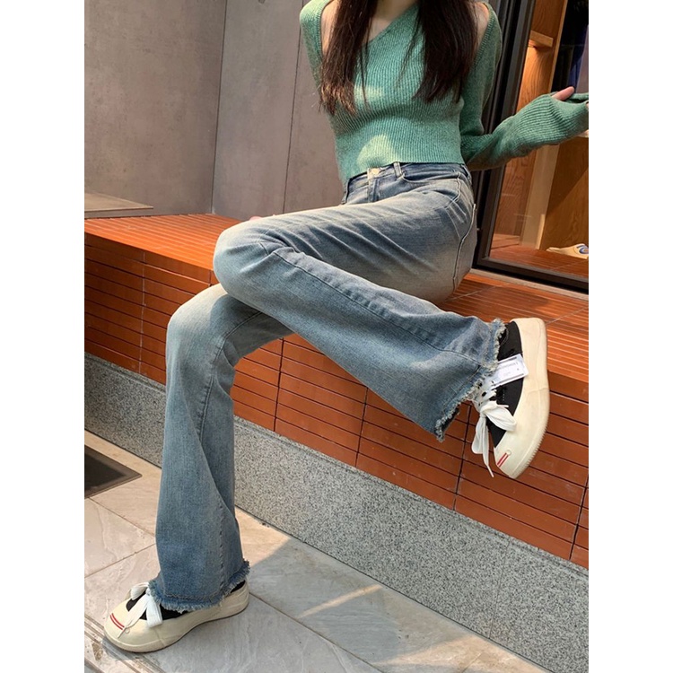 Red Retro micro-flare light-colored jeans wanita 2023 musim semi baru pinggang tinggi slim slim lurus diperpanjang lantai celana panjang