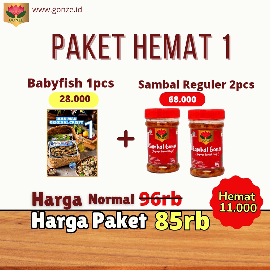 

Paket hemat 1 (Babyfish 1 crispy + Sambal Gonze Reguler 2) cemilan ikan balita krispi renyah gurih dipadukan sambel honje