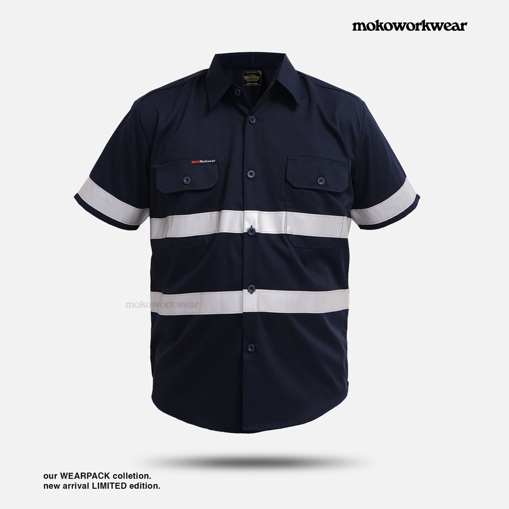 BAJU SAFETY TAMBANG / BAJU WEARPACK PROYEK BIRU NAVY / BIRU DONGKER LENGAN PENDEK MOKOWORKWEAR