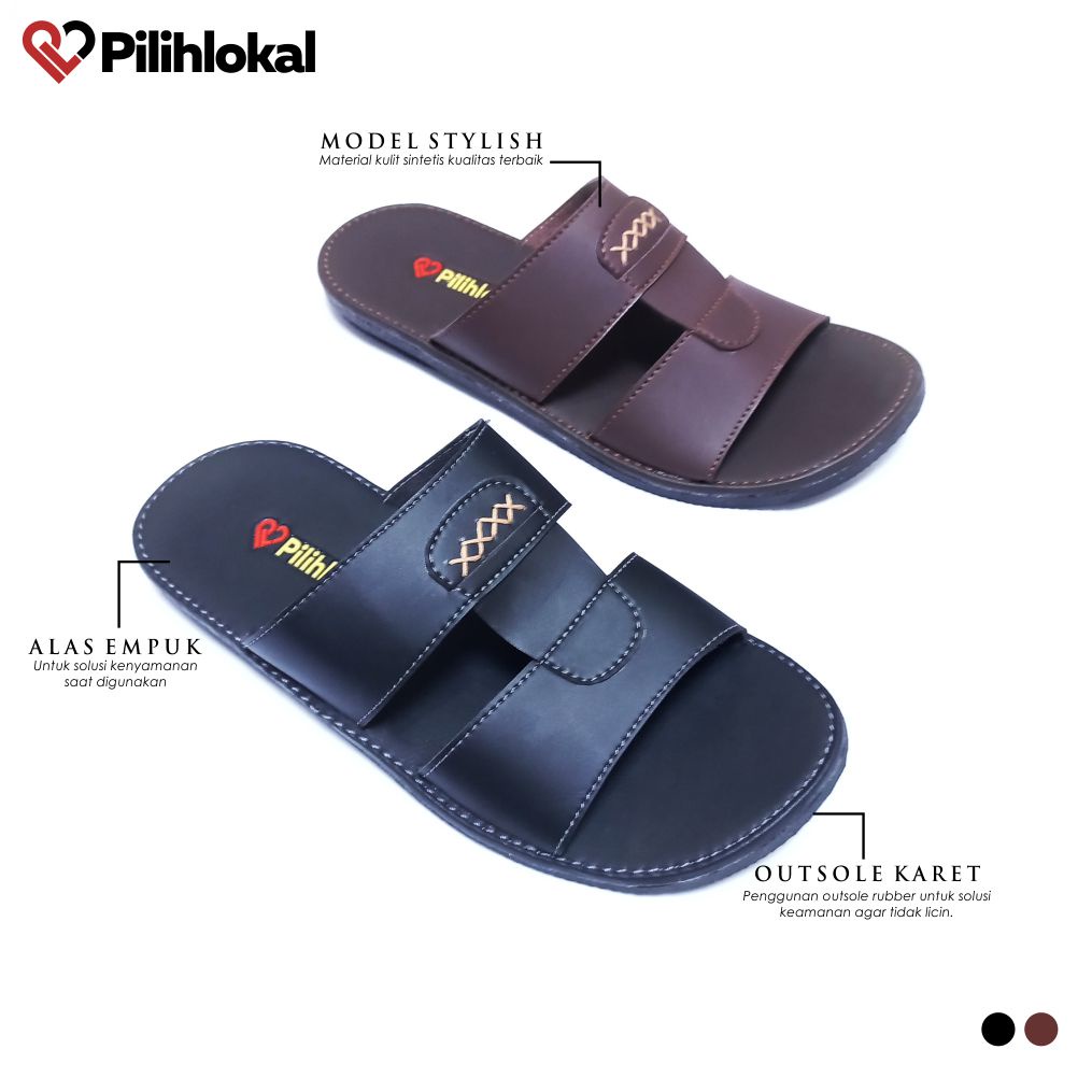 Pilihlokal - Sandal Selop Kulit Pria Dewasa Casual Terbaru 2023 Ukuran Besar Jumbo - Sendal Slip on Cowok Remaja Distro Kekinian Bahan Karet Tebal Anti Licin Lentur Murah Terlaris - Sandal Slop Laki Laki Kasual Untuk Undangan Lebaran Warna Hitam Coklat