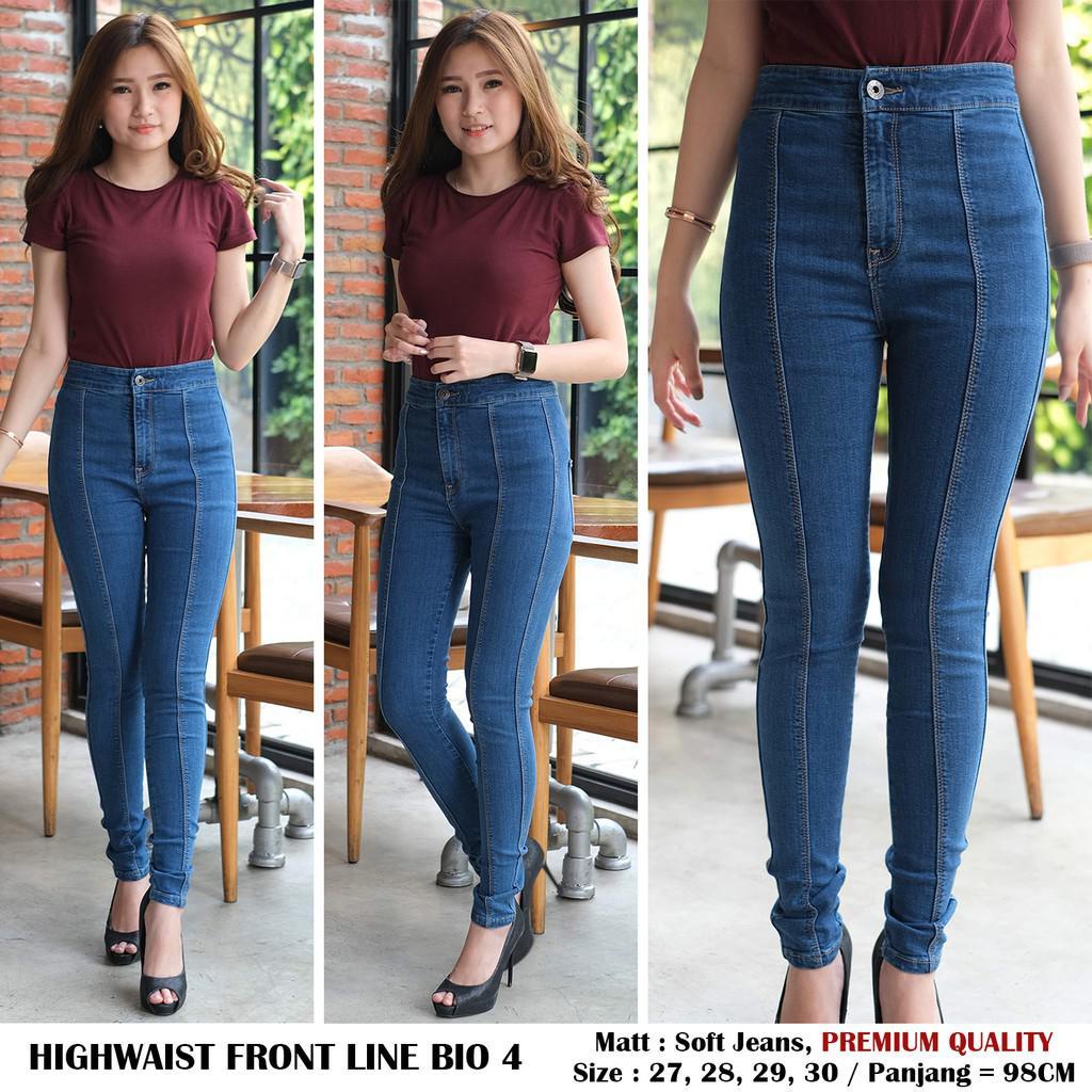 Celana Jeans Panjang Wanita High Waist Remaja Variasi Lipat Tulang