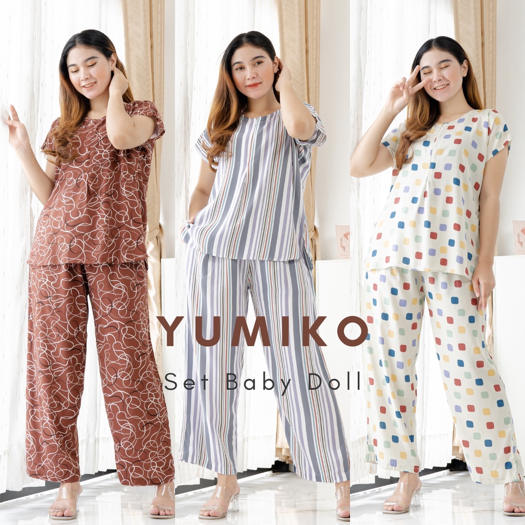 Yumiko Set Babydoll Busui Rayon Premium by Ademin.Co / Setelan Piyama Wanita Baju Tidur Celana Panjang