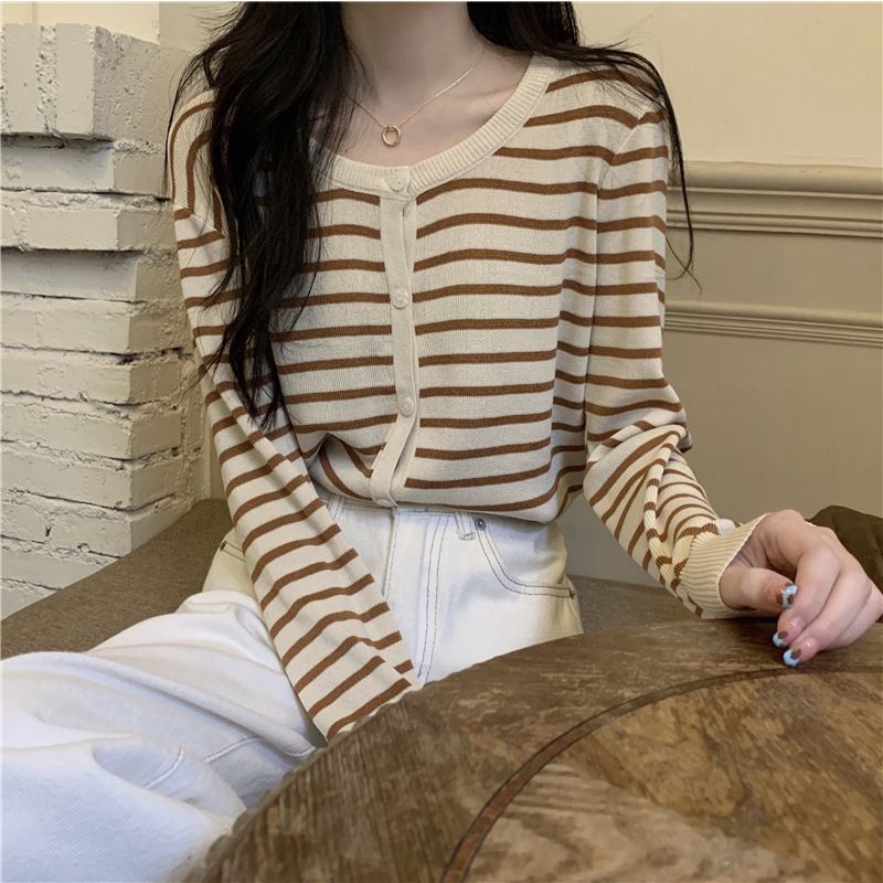 Cardigan Sweater Motif Garis Fashion Korean Crop Long Sleeve Knit Top Atasan Korean Style Wanita