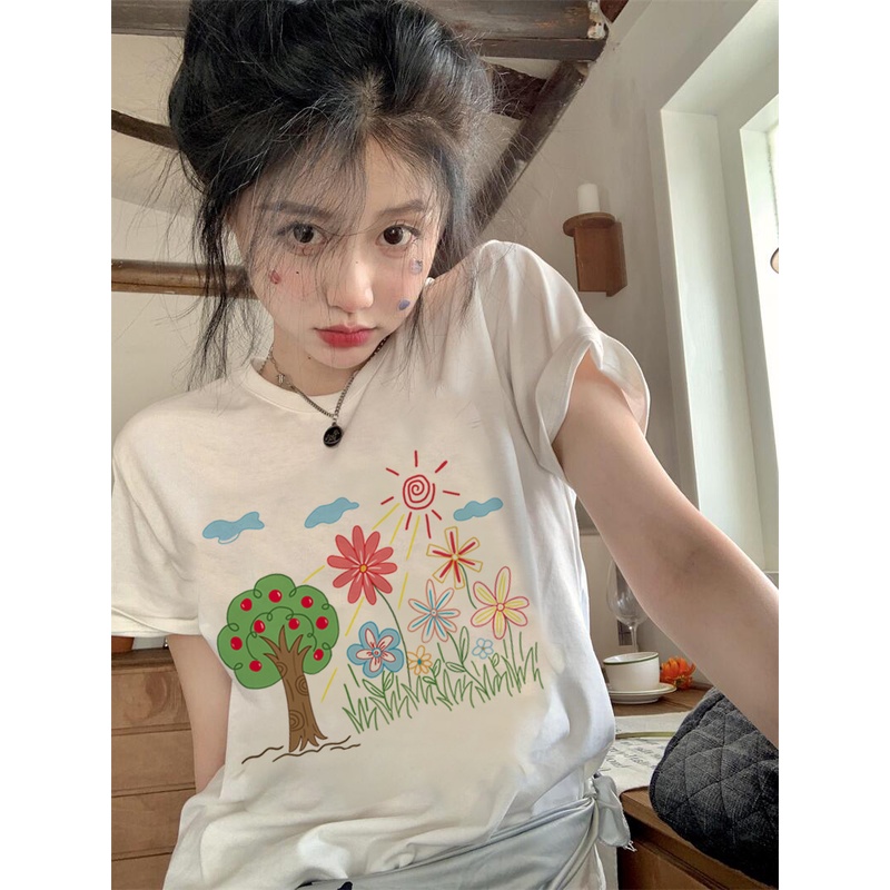 EUNII T-shirt Lengan Pendek Cartoon Landscape Korean Style/Kaos Atasan Wanita/Baju Kaus Oversize Wanita/Kaos Wanita