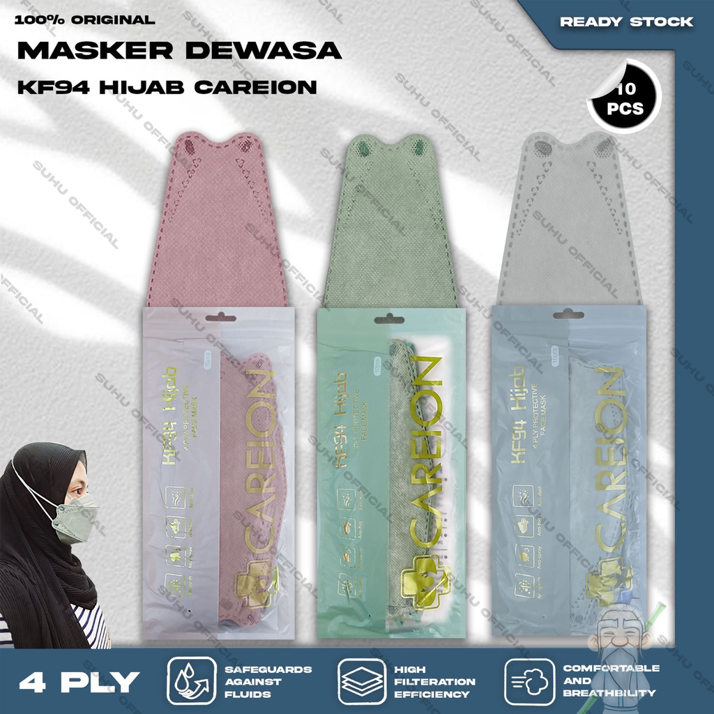 Masker KF94 Hijab CAREION 4Ply Isi 10Pcs Putih Hitam Warna KF 94 4 Ply Headloop Surgical Mask