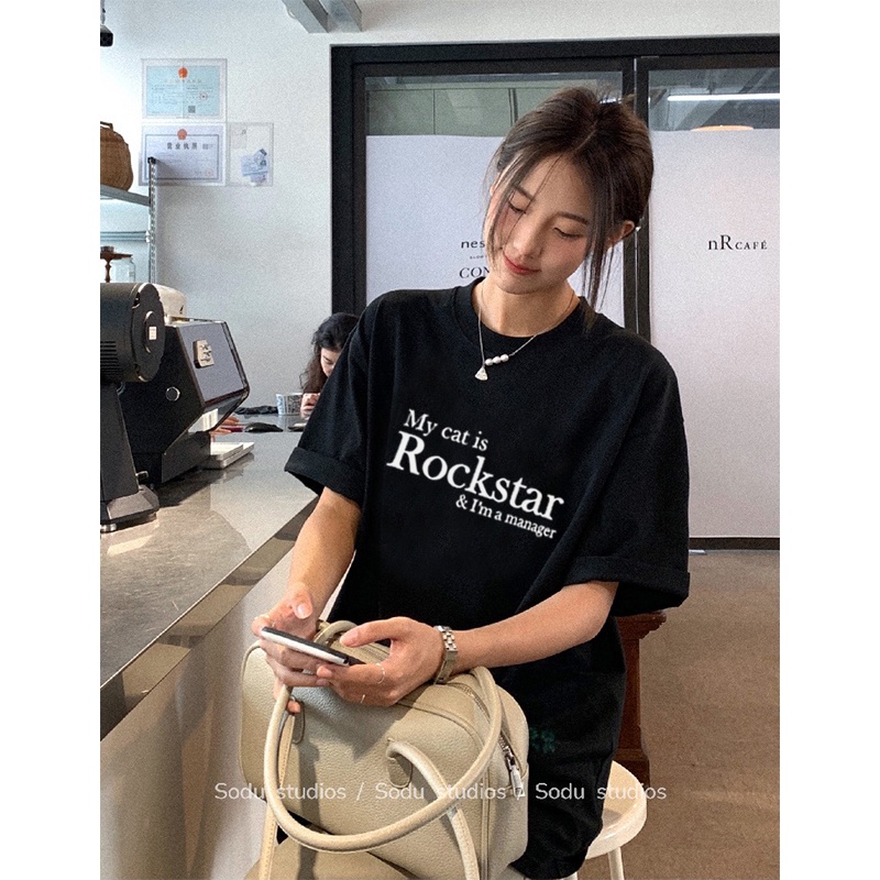 kaos wanita korean style premium import oversize lengan pendek letter pattern printed t-shirt kekinian atasan wanita warna hitam