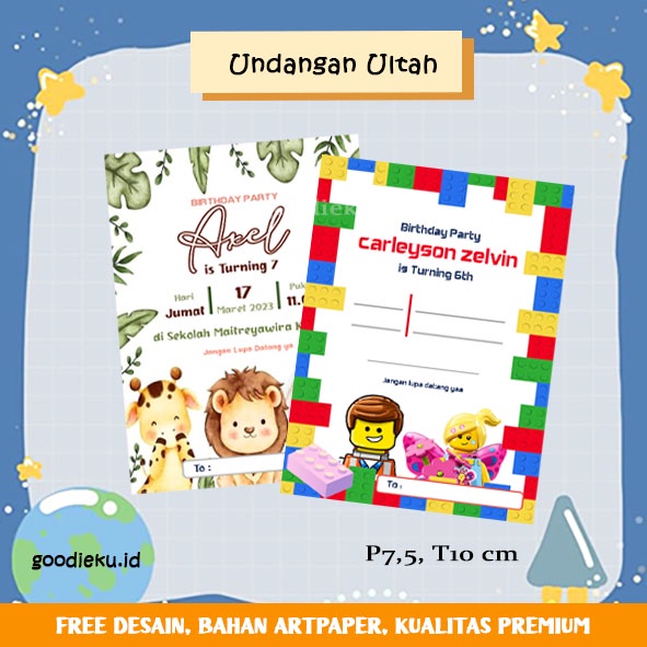 UNDANGAN ULANG TAHUN, INVITATION, CUSTOM, BISA DIKASIH FOTO, TEMA ANIMAL, LEGO, BOY GIRL, MURAH