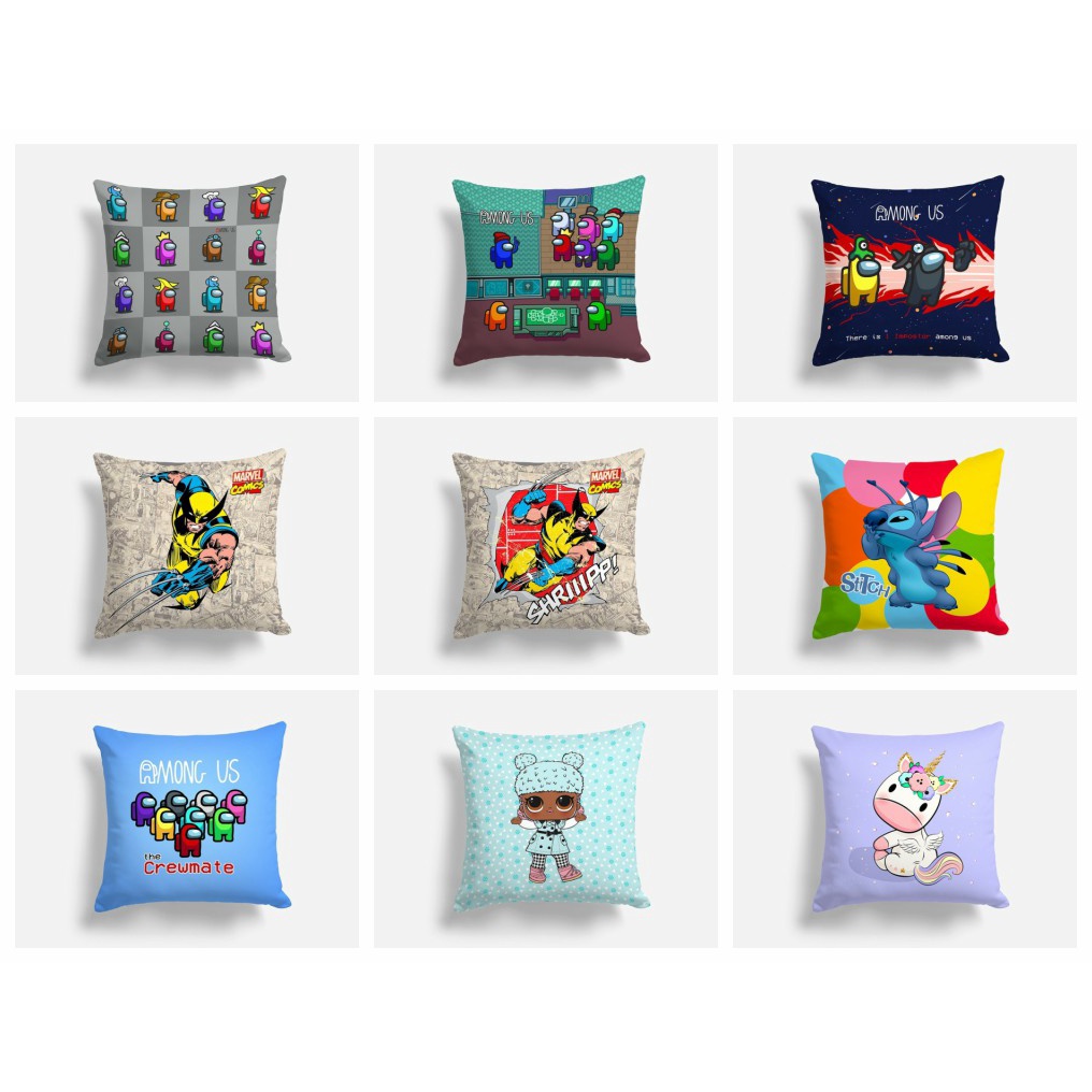 Bantal Kursi Sofa Travel - Ukuran 40x40 Cm - Motif Marvel - Among Us - Unicorn - LOL