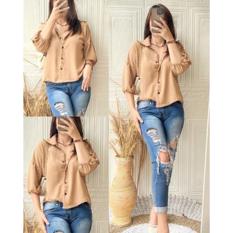 Kemeja Slim Crop/Kemeja Crinkle Premium/Kemeja Wanita Crop Wanita Lengan Panjang