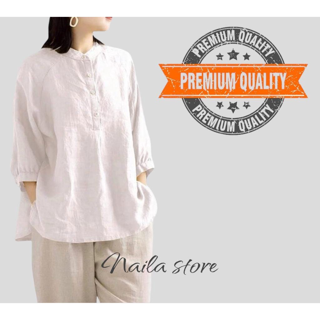 Kemeja Linen Wanita Kerah Shanghai Lengan 3/4 CERIA SHIRT Kancing Dada Hidup Jumbo Big size OOTD Remaja Dewasa Kekinian