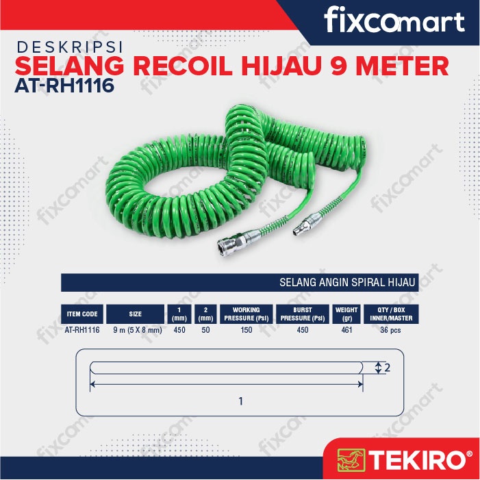 Tekiro Selang Kompresor 9 M (5X8 Mm) / Tekiro Recoil Hose Hijau