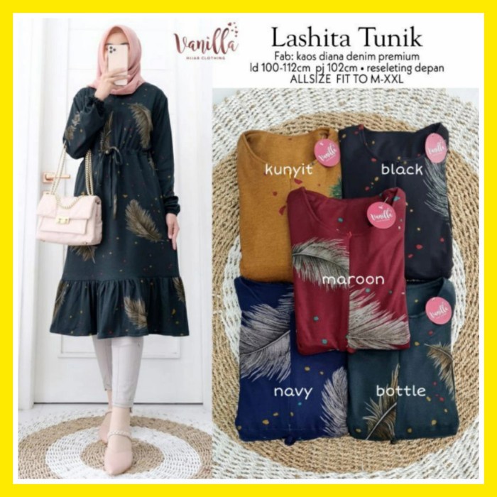 Tunik Lebaran A27 TUNIK KAOS WANITA MUSLIM BAJU ATASAN DENIM DIANA TALI SERUT TEBAL - Ijo Botol Best