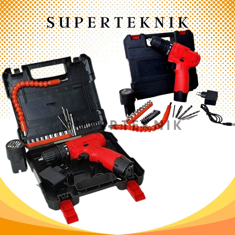 Bor Baterai Batrai Cas 12 Volt HDT Cordless Drill Tanpa Kabel / HDT Cordless Drill Mesin Bor Bolak B