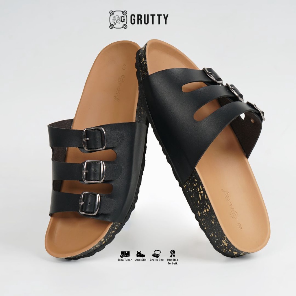 Sandal Wanita GRUTTY Flat Hitam Sendal Kekinian Super Comfy