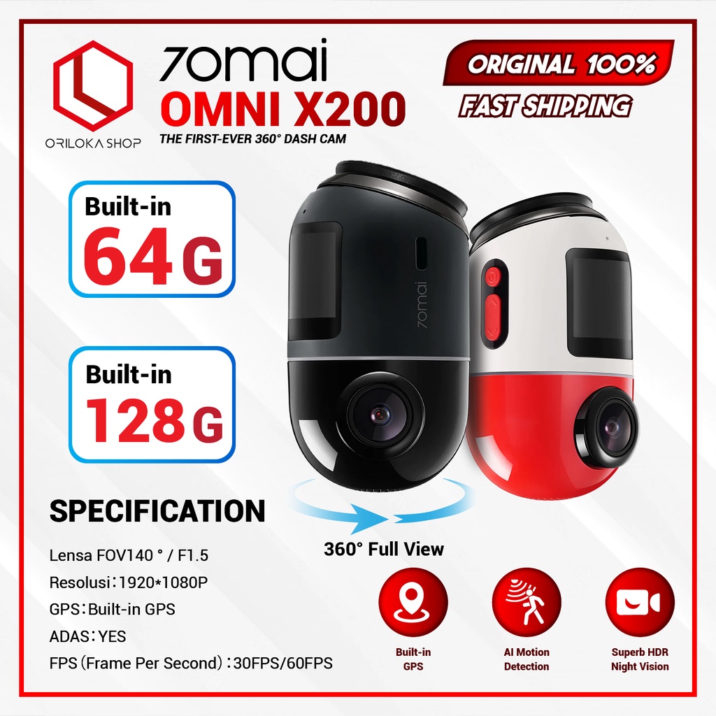 70mai Dash Cam Omni X200 360° Full View - FOV 140° 4G Connect HD 1080P - Kamera Mobil