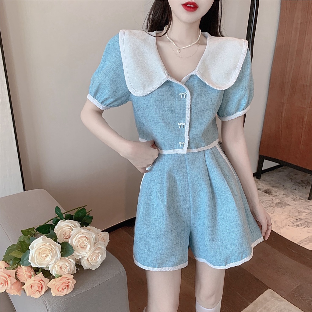 Red Pakaian wanita trendi untuk anak perempuan ~ atasan warna kontras kerah boneka yang manis dan harum + celana pendek musim panas dua potong dengan lebar pinggang tinggi