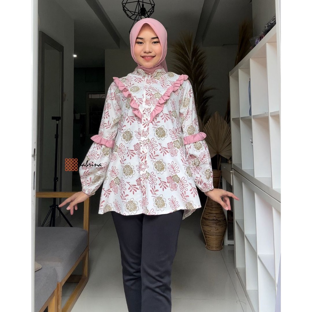 ALMYA BLOUSE Atasan Kemeja Batik Kerja Kantor Wanita Cantik Modis Modern Kekinian Print Katun Pastel Rampel Busui