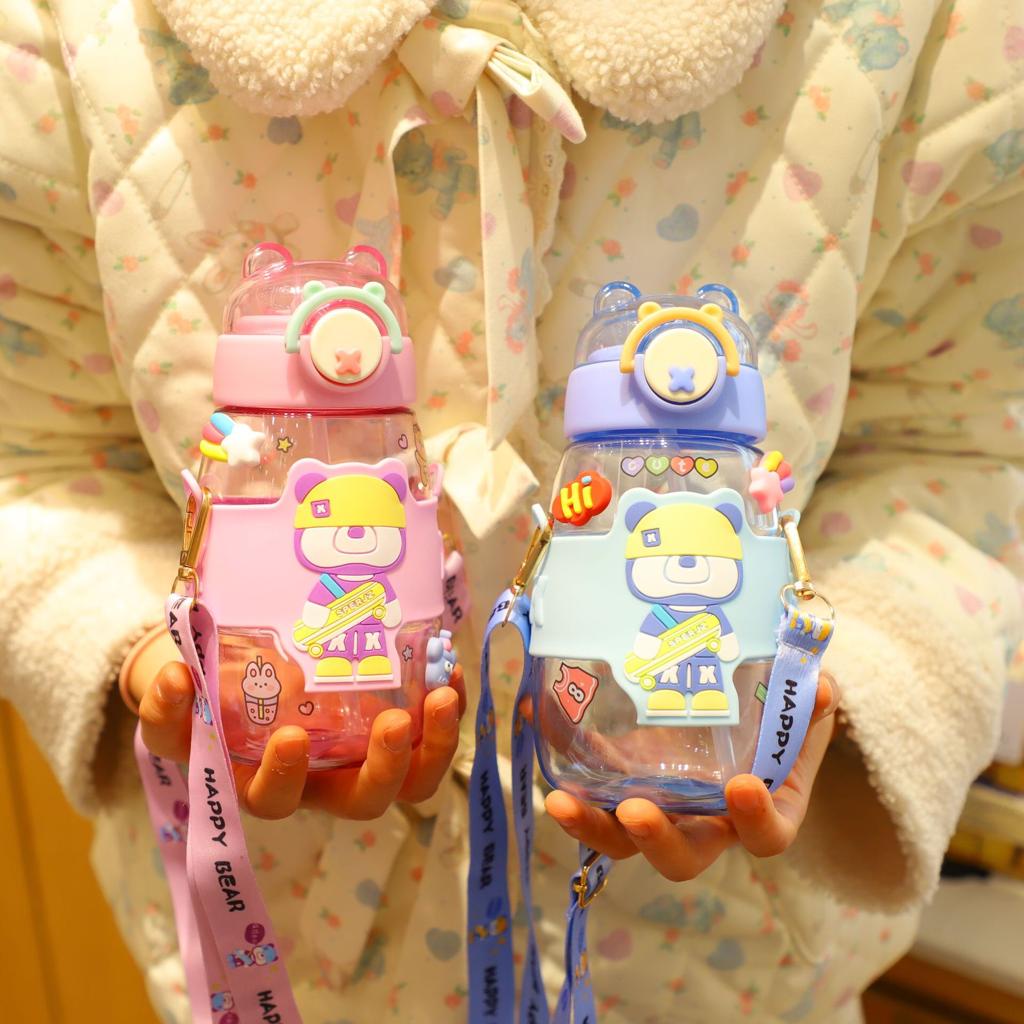 STV Botol minum anak happy bear 600ML/ Botol minum anak sedotan animal series botol anak lucu botol hits free stiker 2d dan 3d