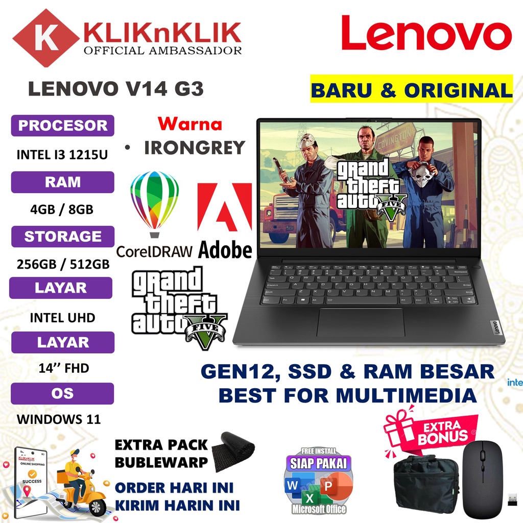 Laptop Gaming Lenovo V14 G3 Intel Core I3 1215U 20GB 512GB 14 FHD Windows 11 Home Iron Grey Termurah