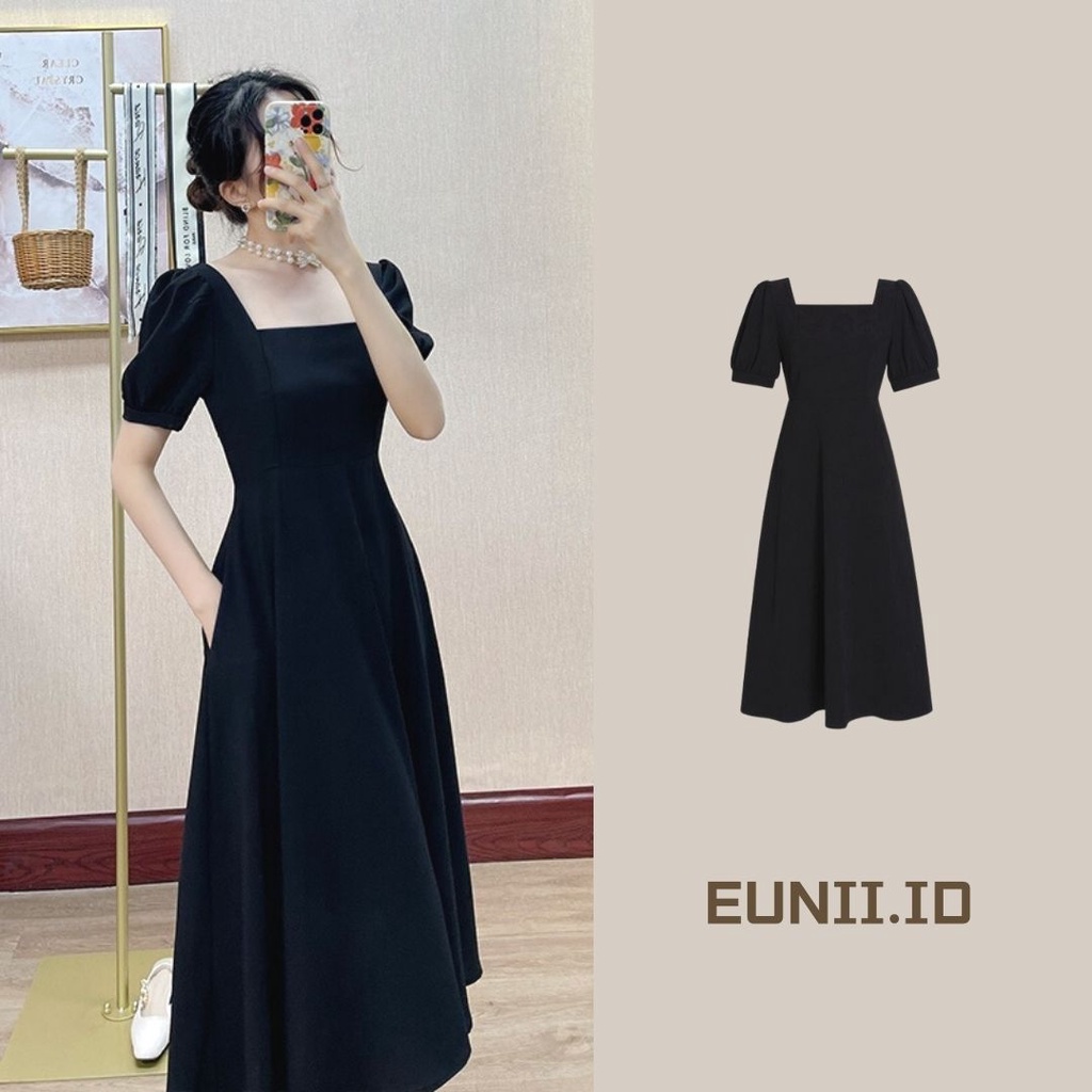 EUNII Versi Maxi Gaun hitam Minimalis Lengan Pendek Untuk Wanita Korean Style