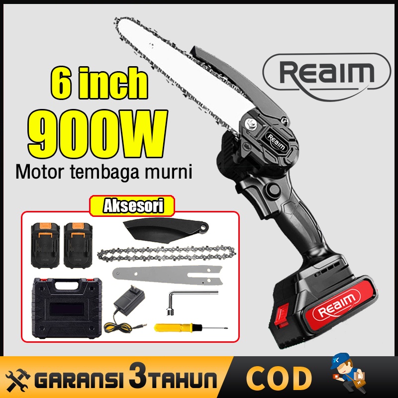 Reaim Chain Saw Cordless⚡2 baterai⚡6 Inch Chainsaw Cordless Chainsaw Gergaji Rantai Elektrik Mini Portable Genggam Lithium Model: reaim-ldj001