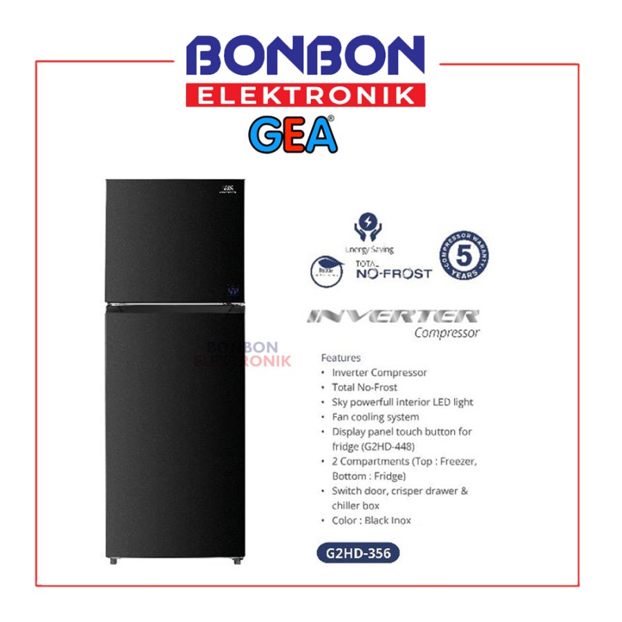 GEA Kulkas 2 Pintu G2HD-356 Black Inox / G2HD356 Inverter No Frost 356