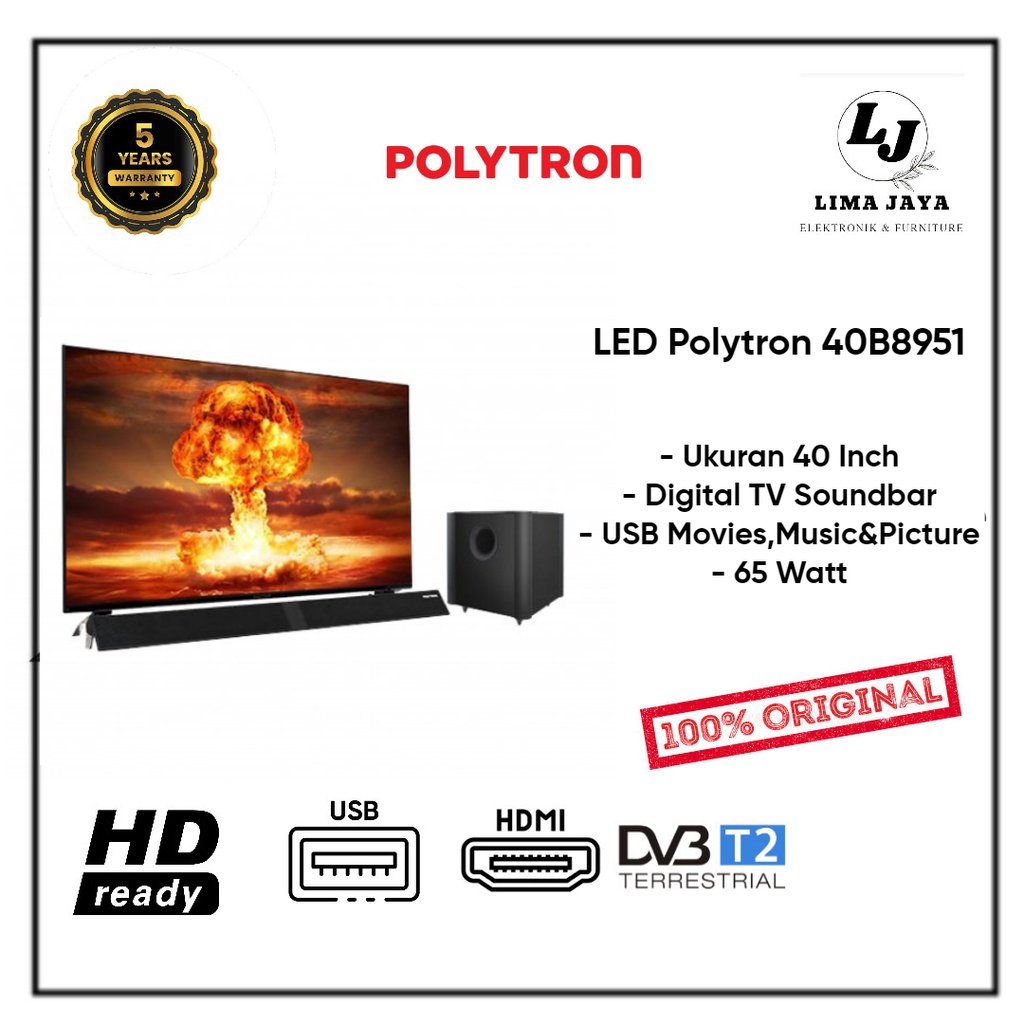 POLYTRON LED TV Soundbar 40B8951 Digital TV LED 40 Inch