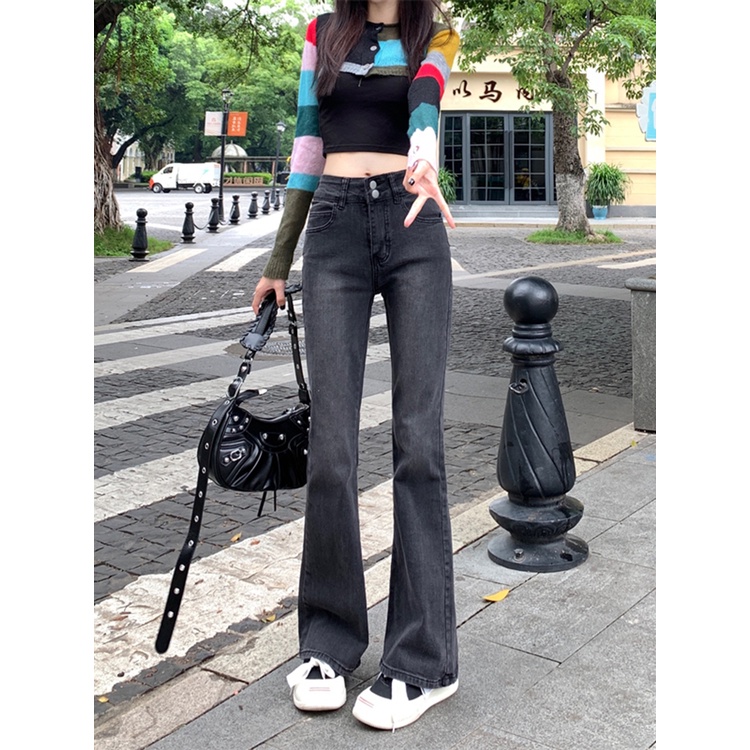 EUNII Celana Jeans Wanita Hitam High Waist Berkobar Celana Wanita Korean Style