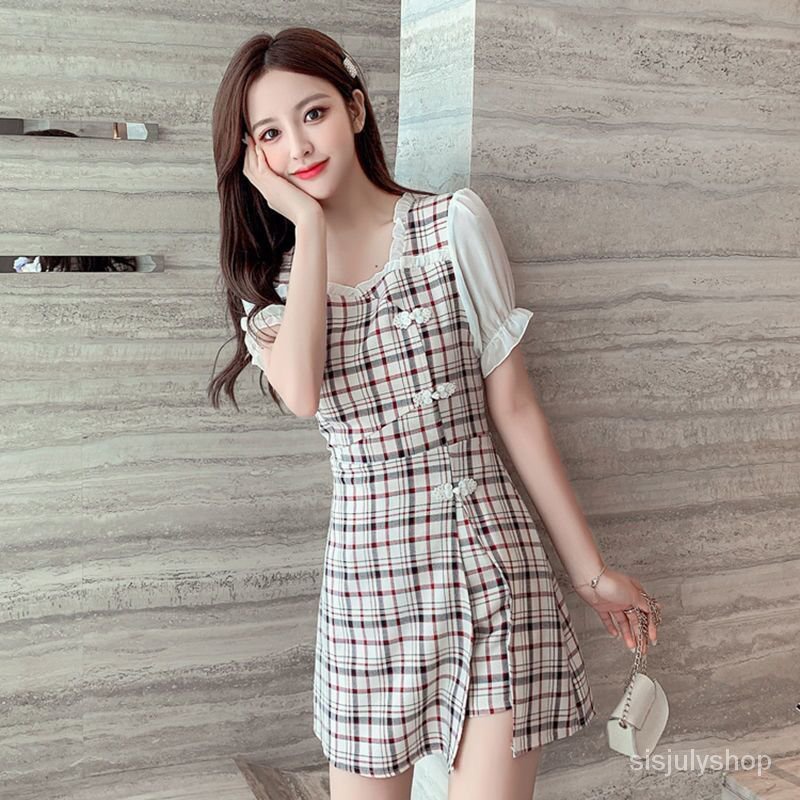 [✅BISA COD] #Sisjuly# Gaun cheongsam retro kerah persegi ramping dan tipis serta setelan dua potong