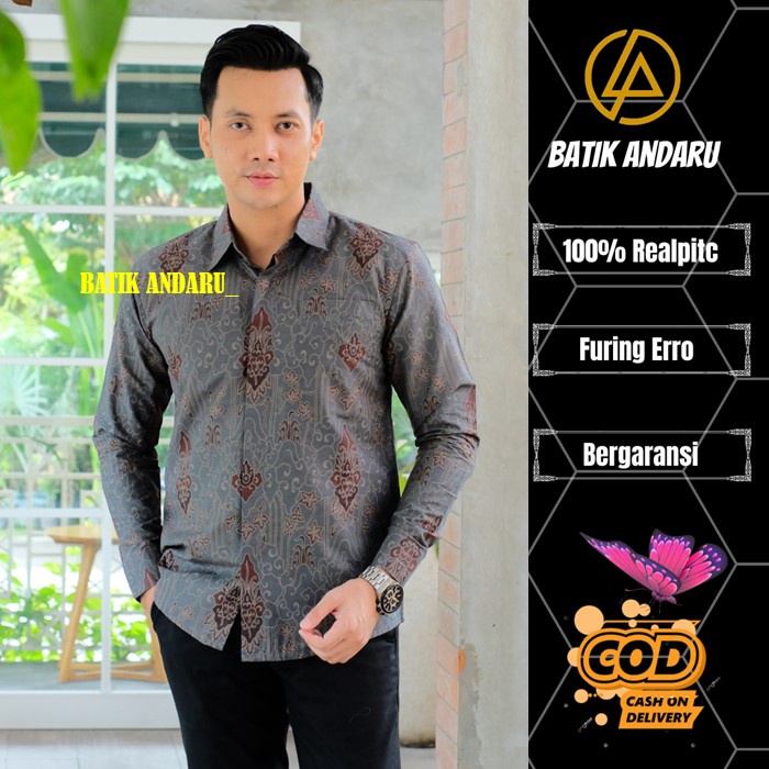 Baju Batik Pria Slimfit Lengan Panjang Modern Lapis Full Furing Erro Heem Kemeja Premium Warna Biru