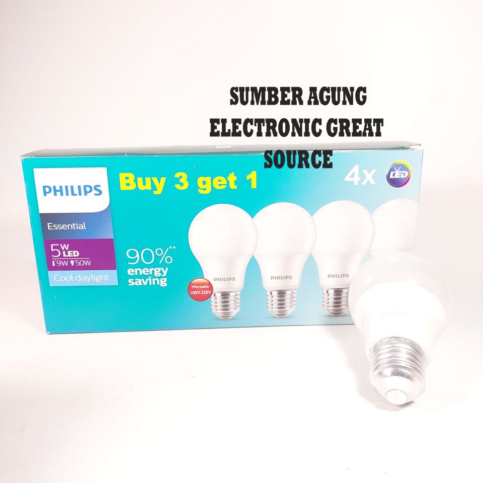 Philips LED Essential 5W Buy 3 Get 1 Paketan isi 4 Cahaya Dus Biru Muda