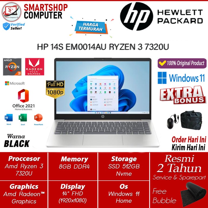 Laptop HP 14s EM0032AU &amp; EM0014AU Amd Ryzen 3 7320U 8GB 512GB FHD Win11 Plus OHS 2021