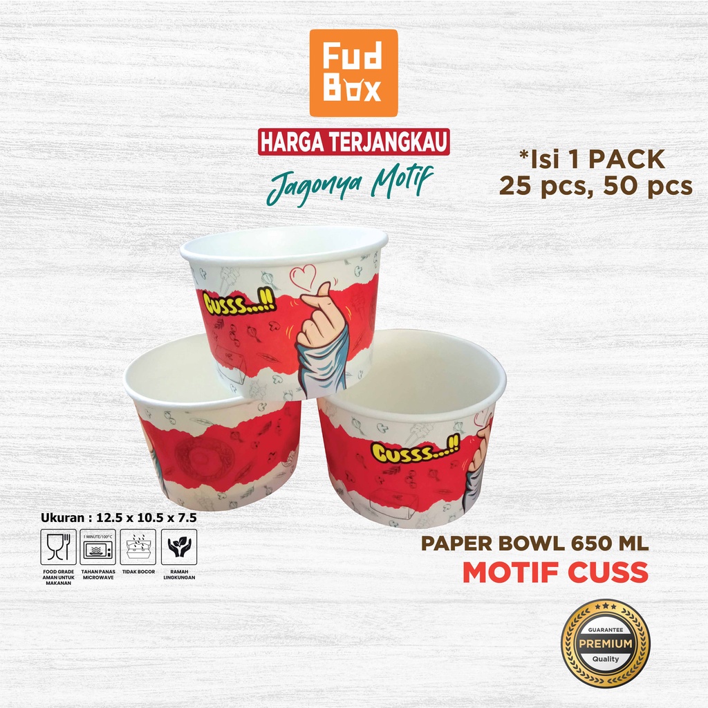 Paper Bowl 650 ml + Tutup | Paper Rice Bowl Mangkok Kertas Motif Cuss Merah Putih