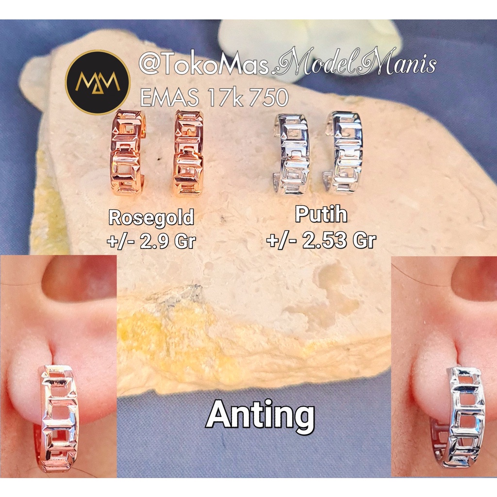 Anting jepit bulat TT emas putih rosegold 750 kadar 17k