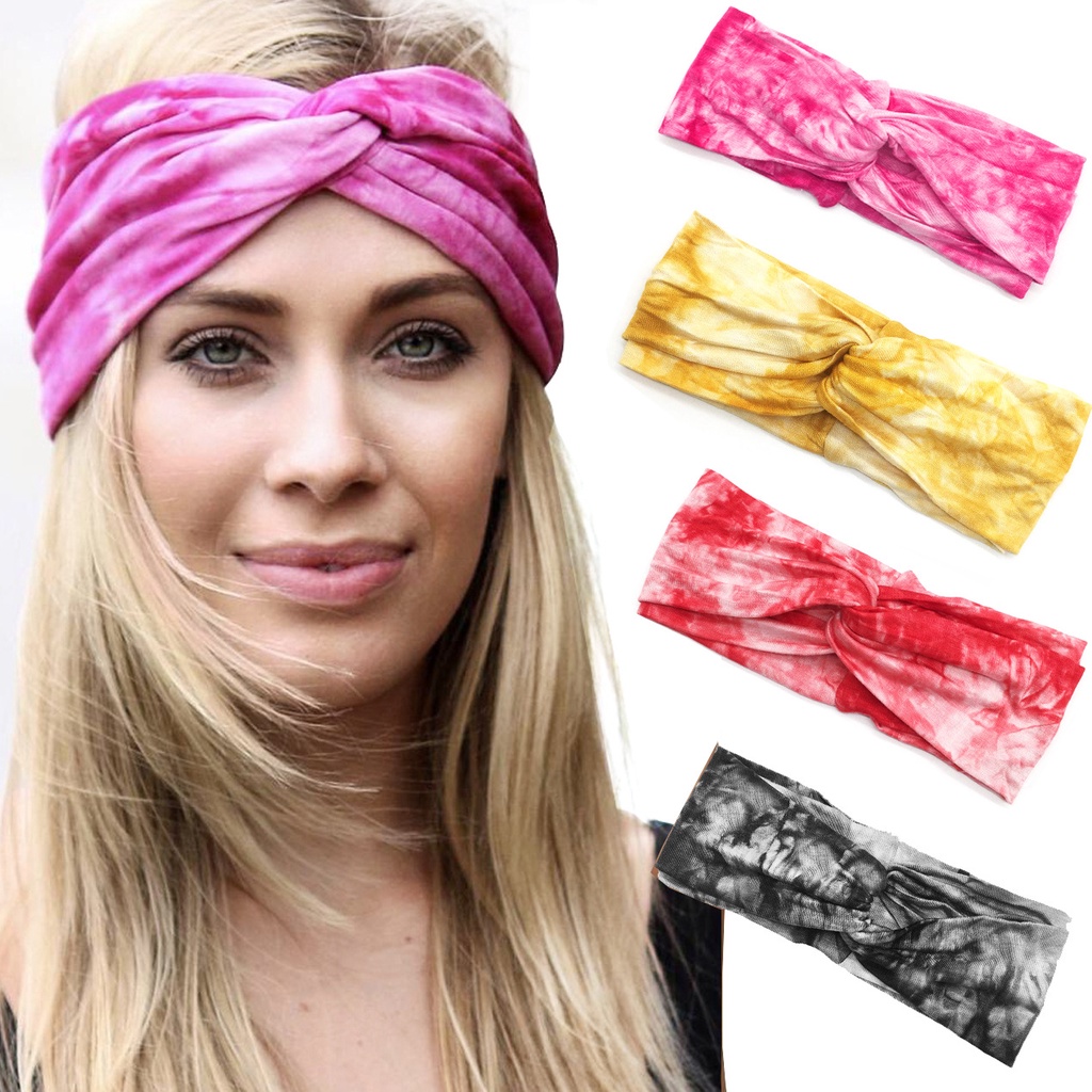 Bandana Hairband Pita Rambut  Eropa Dan Amerika Baru Bohemian Elastis Olahraga Ikat Kepala Wanita Tie-dye Cross Ikat Kepala Yoga Bertepi Lebar Sorban Bulang