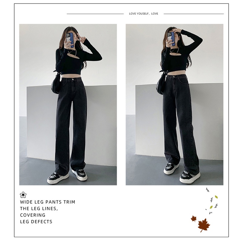 Hitam /Abu-abu hitam Highwaist Loose Kulot Celana Jeans Wanita Korea Style Import