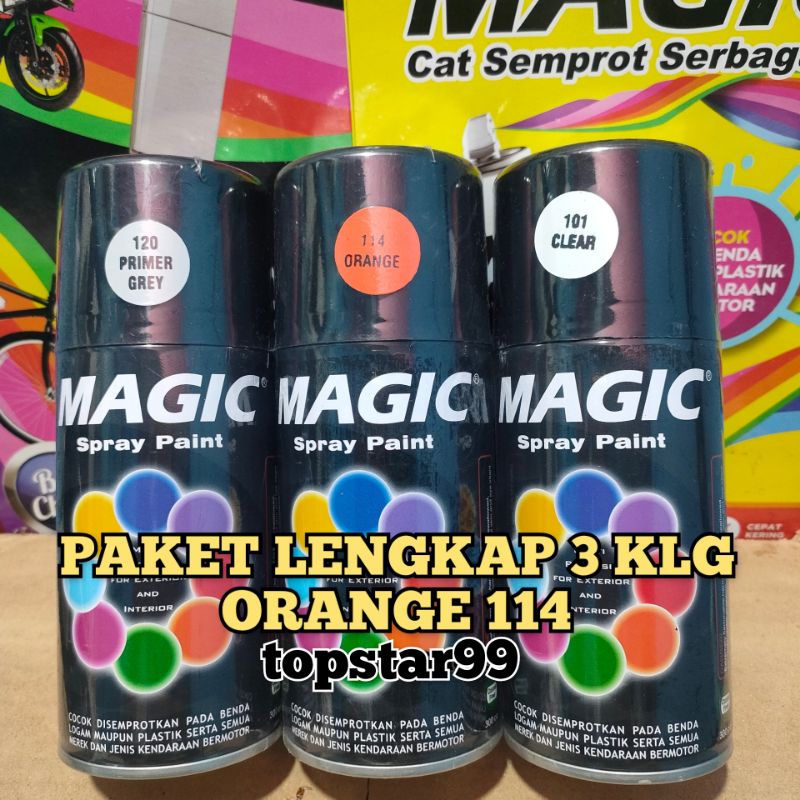 Pilok Pilox Cat Semprot Magic Paket Lengkap 3 Kaleng 300cc Paketan Oren Orange 114 Primer Grey Epoxy 120 Clear Pernis Glossy Mengkilap 101 Spray Paint