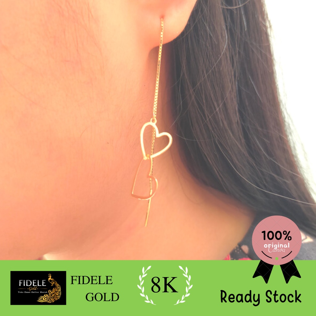Anting Fashion Emas Kuning Asli Anting Trider Fashion Hati Linea Double Anting Panjang Juntai Korea 