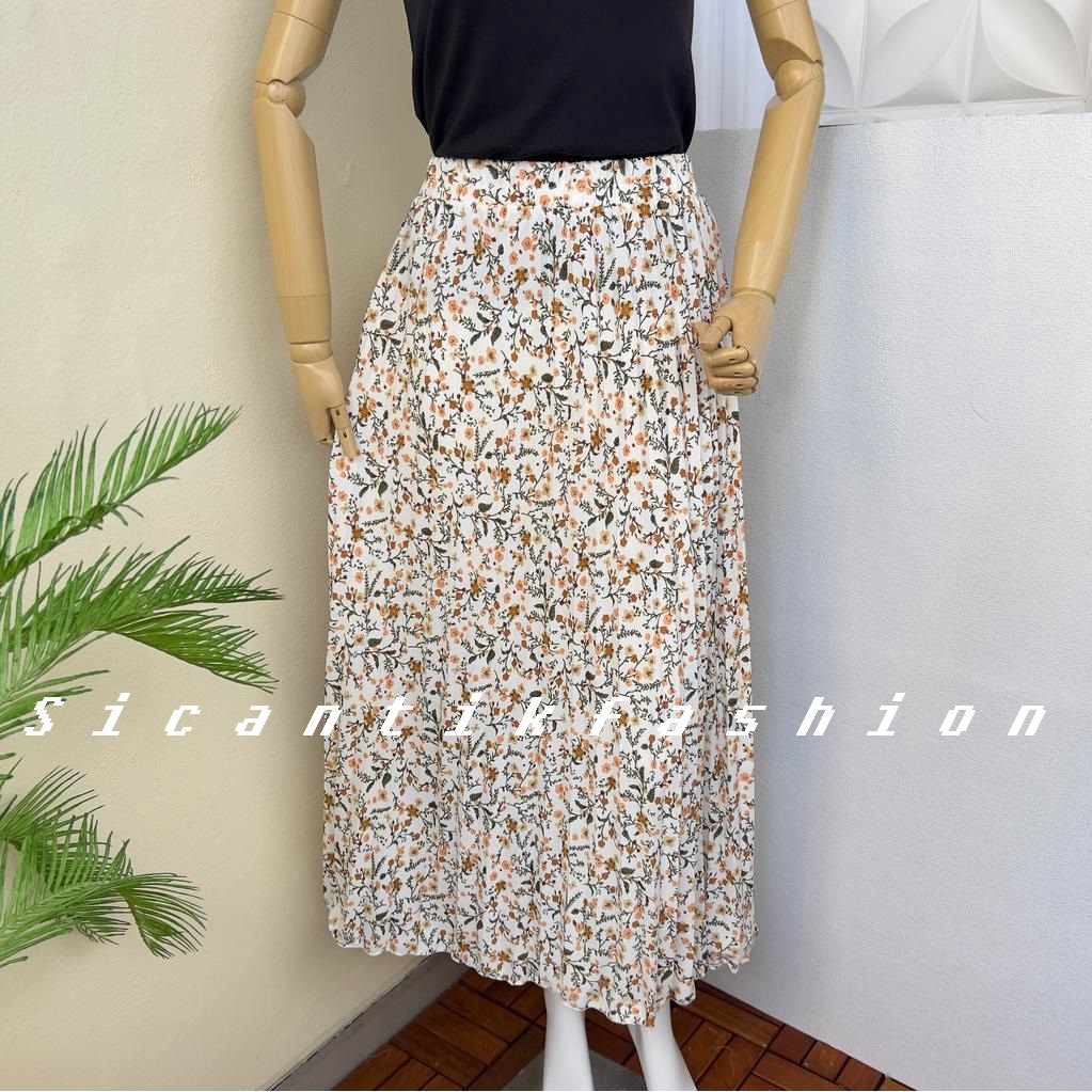 Rok Plisket Motif Bunga Dahlia Panjang 90cm bahan Hyget Premium Size Fit to Xl